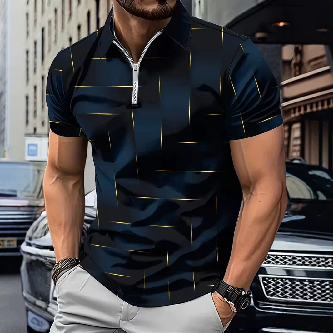 2026 European and American cross-border summer new fashion and versatile 3D printed lapel polo shirt zipper loose casual T-shirt