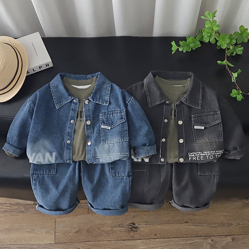 Boys Cross-Border Denim Jacket Spring/Autumn 2026 New Children's Korean Style Gradient Lapel Three-Piece Set