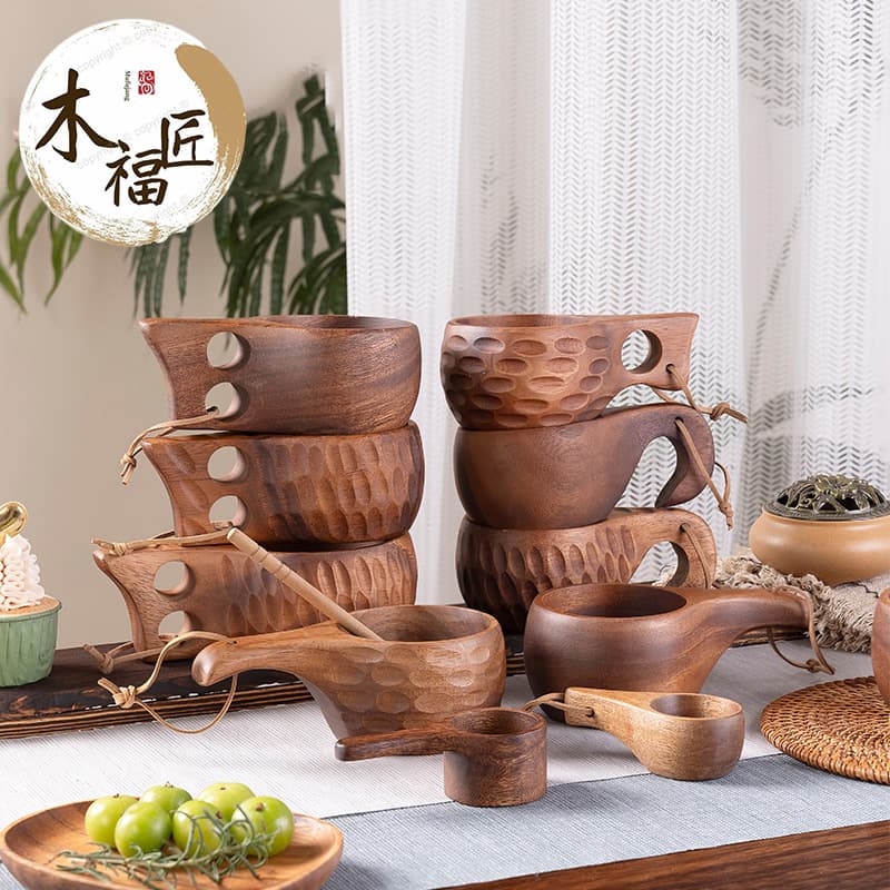 Walnut wooden milk cup, acacia wood salad cup, solid wood Japanese style mug with handle, DIY coffee cup