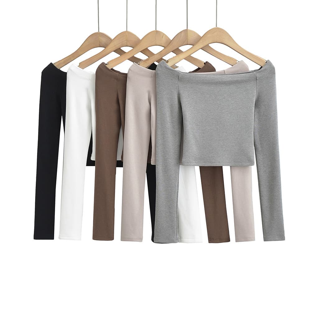 FS281-22 Winter New European and American Style Sexy Shoulder Cashmere fleece-lined Warm Slim Long Sleeve T-shirt