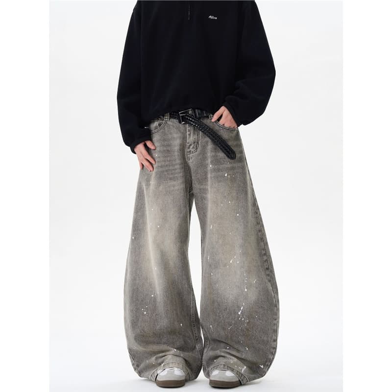 Design Sense Retro Washed Old Grey Splash Ink Scimitar Jeans Men's and Women's Trendy Brand American Style Street Loose Pants