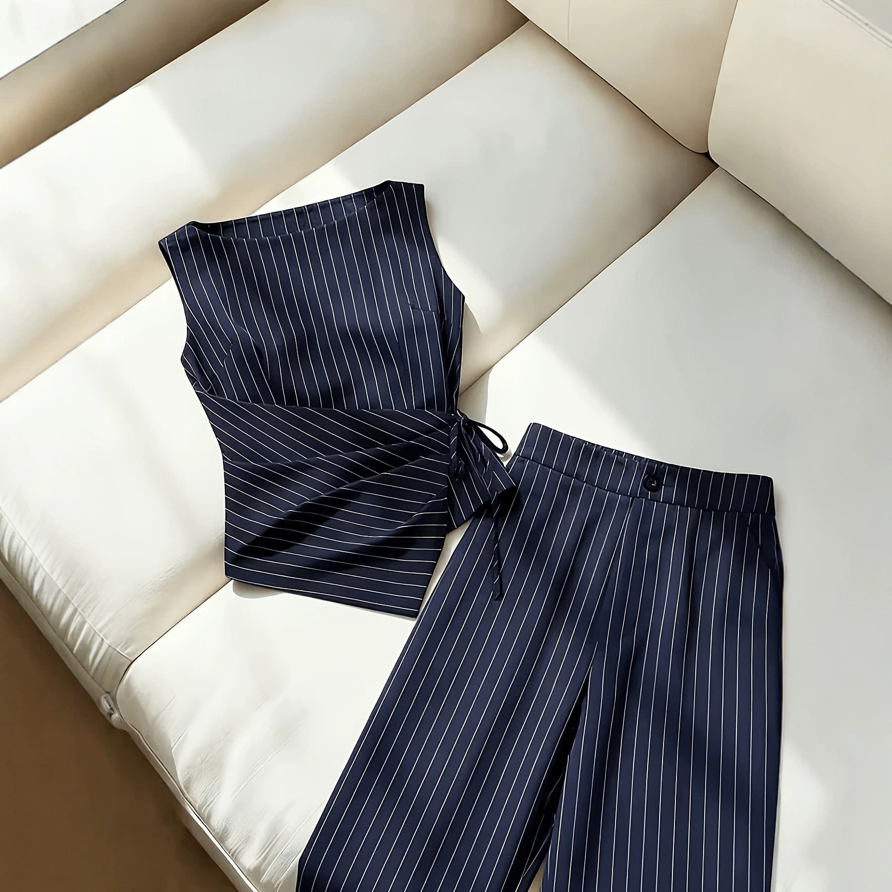 Bestseller Amazon Cross-Border Women's Casual Striped Fashion Two-Piece Set, Waist-Tie Top and Wide-Leg Pants