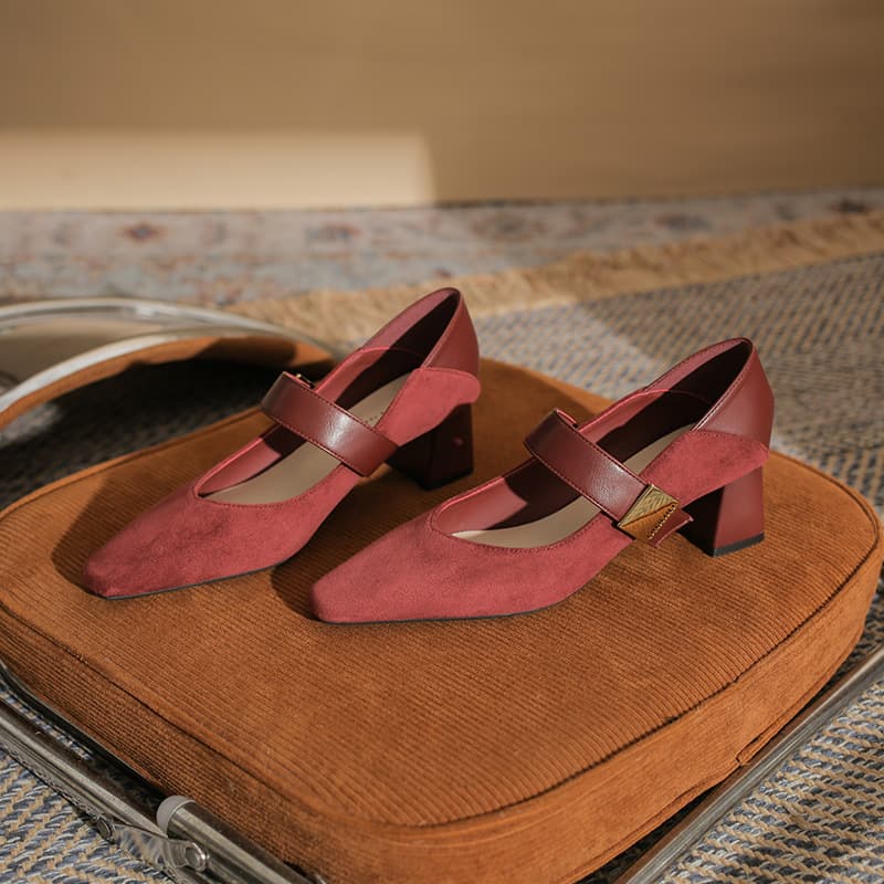 5996 Elegant Versatile Comfortable Mary Jane Square Toe Block Heel Square Buckle Women's Single Shoes 2024 New Suede Women