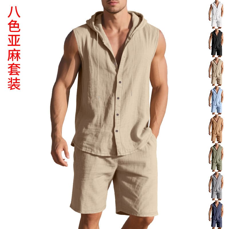 Cross-border loose-fitting linen casual simple hooded sleeveless sports shirt and shorts two-piece set