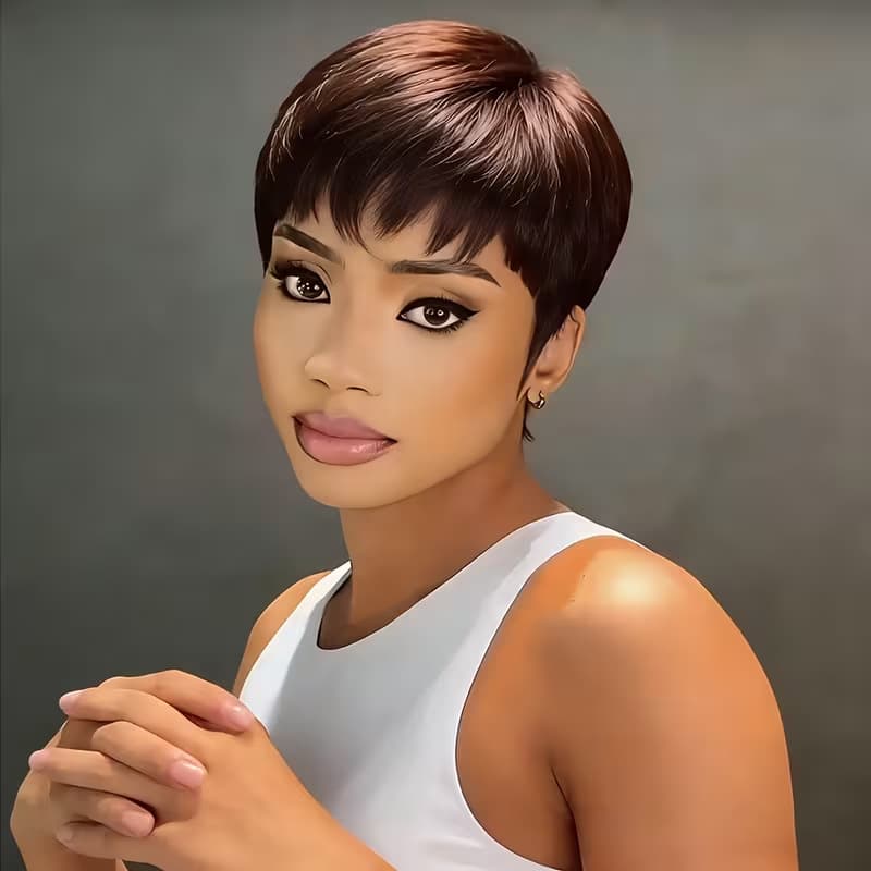 Cross-border Dark Brown Pixie Ultra Short Wig for Women, Fine Chopped Bangs, Neat Short Hair Cap, High-Temperature Fiber, Factory Free Labeling