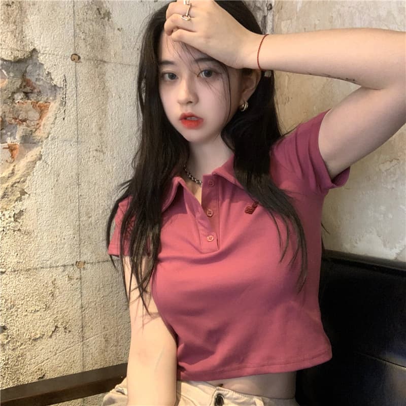 Ins New Summer Cotton Polo Shirt Lapel High Waist Short Short-Sleeved T-Shirt Women's Age-Reducing Navel-Baring Embroidered Top