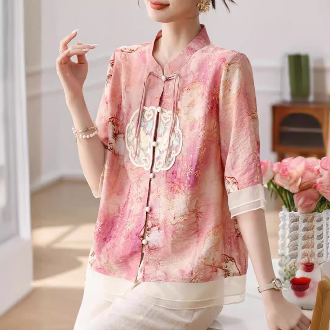 2024 New Summer Mother's Outfit: Chinese Style Chiffon Blouse Set for Middle-Aged and Elderly Women, Stylish Grandma Style Short-Sleeve Chiffon Shirt