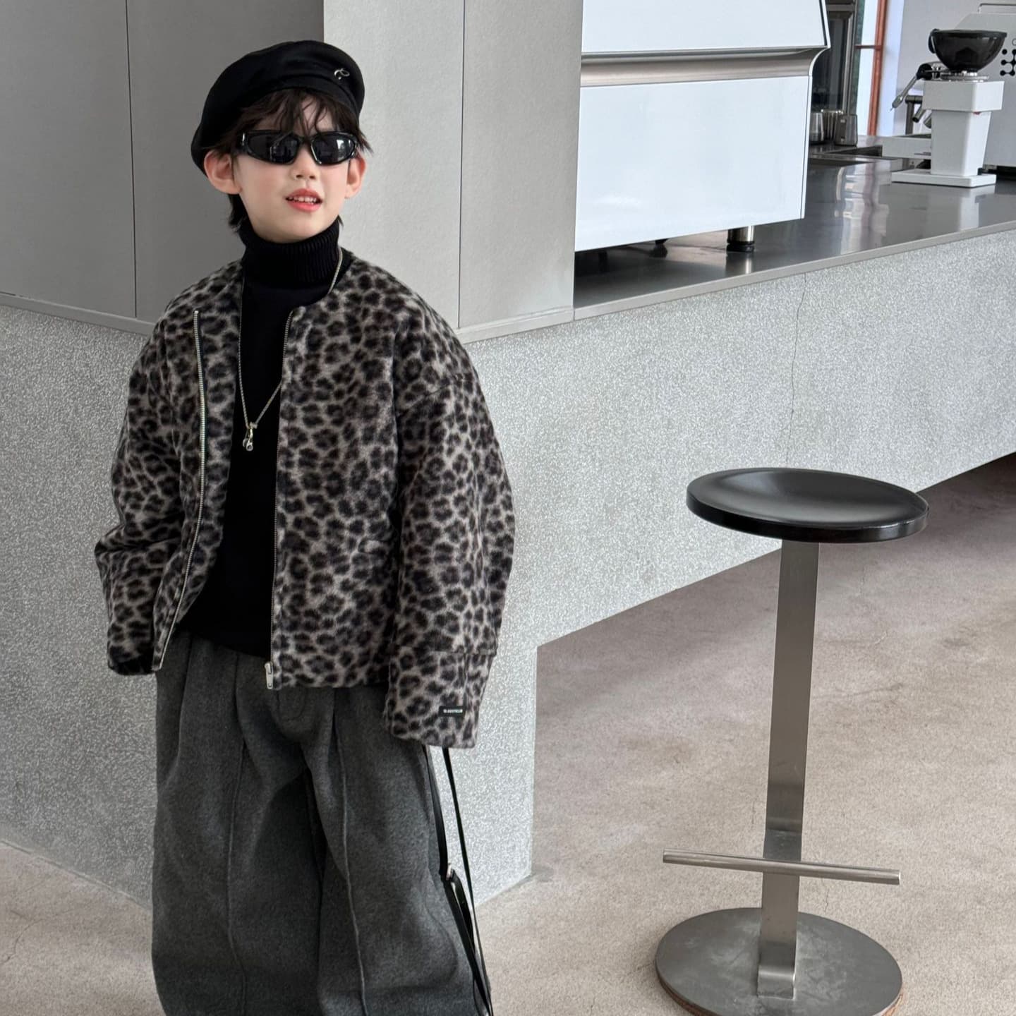 Tairu 2025 Winter New Korean-style Boys' Quilted Thick Wool Blend Leopard Print Jacket Outerwear, Warm Children's Top