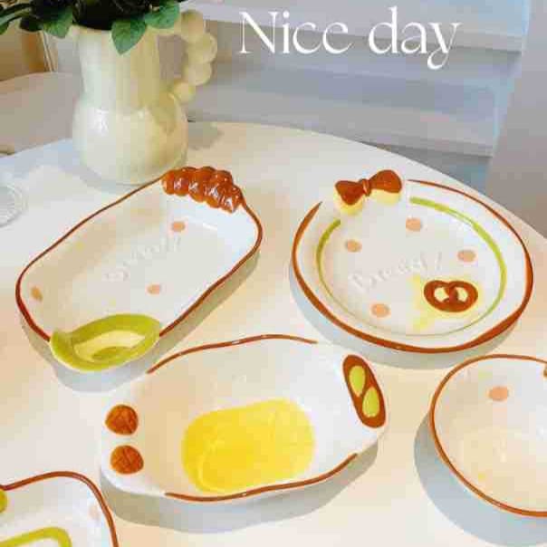 Cute Bread Diary Ceramic Set - Household Ceramic Rice Bowls, Embossed Plates, Double-Ear Bowls, Shaped Plates, Spoons