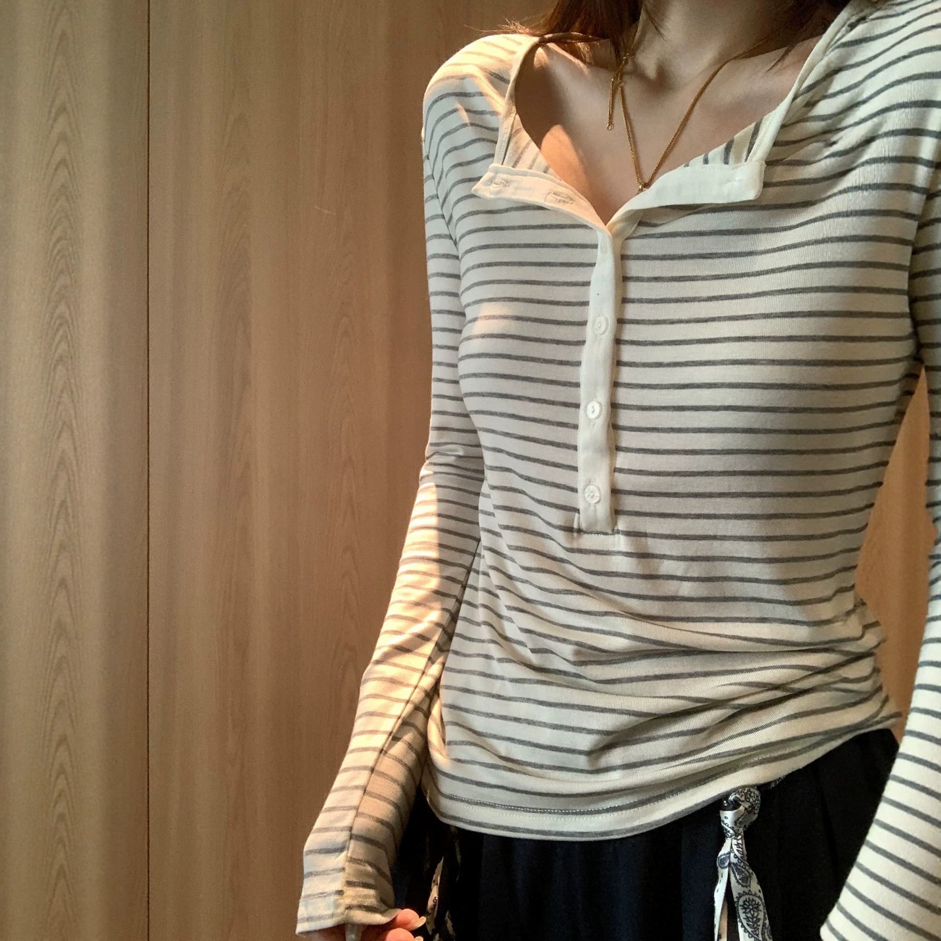 Tencel Lyocell Merino Wool Henry Neck Base Layer Top Women's Long Sleeve Mother-of-Pearl Button Acetate Stripe T-Shirt
