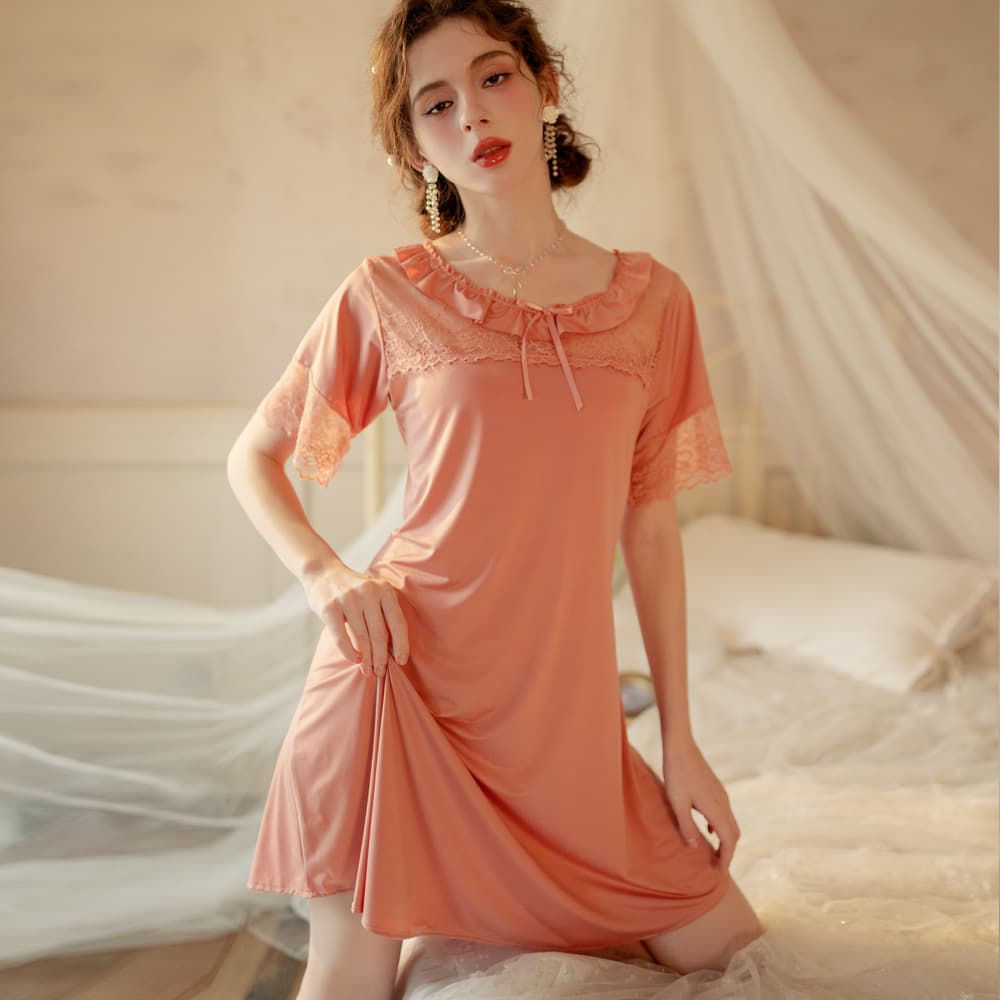 Sexy French High-End Silky Pajamas Women's Pure Desire Lace Short-Sleeve Nightgown Women's Temptation