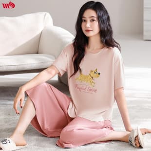 Mulong Shijia Women's Pajamas with Built-in Bra, Modal Summer Short Sleeve Seven-Point Wide-Leg Pants, Thin Cool Sleepwear