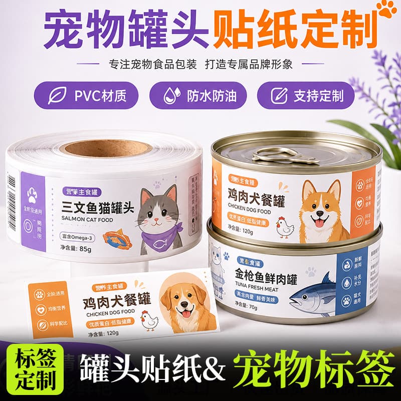 Pet Can PVC Roll Cartoon Stickers, Cat and Dog Staple Food Cans, Waterproof, Oil-Proof, Self-Adhesive Labels, High-Definition Printing