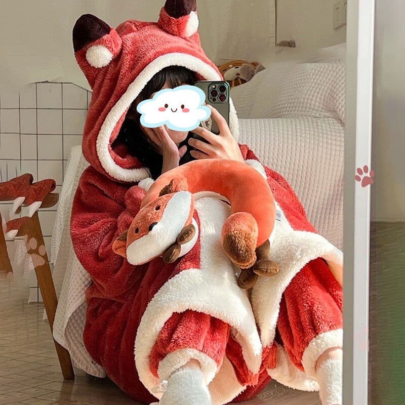 Coral Fleece Fox Pajamas for Women 2026 New Autumn Winter Long Bathrobe Thick Flannel Homewear