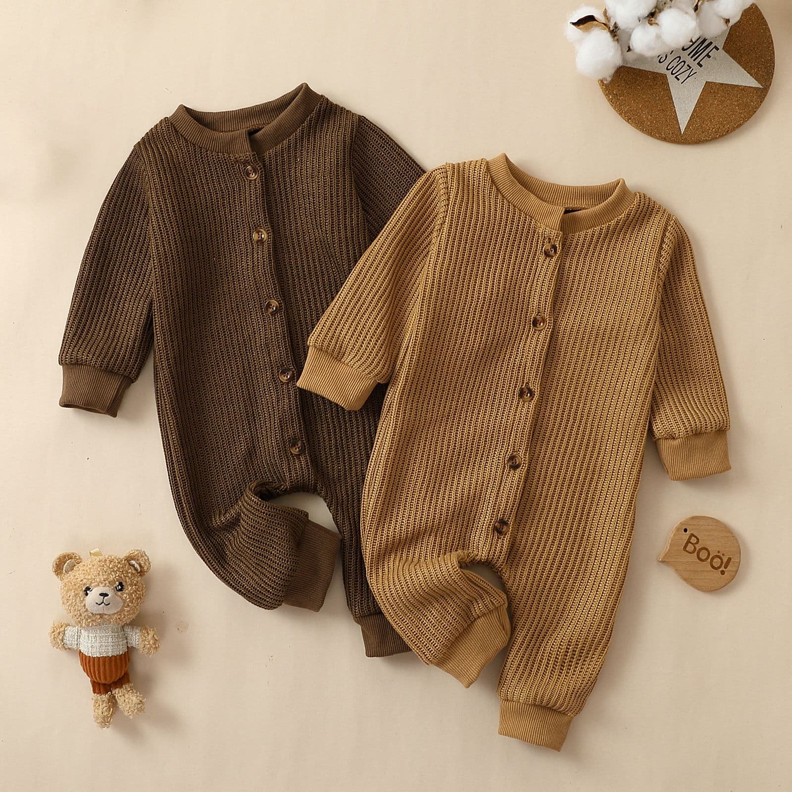 Baby Unisex Long-Sleeve Solid Color Cotton Gauze Romper Soft Pure Cotton