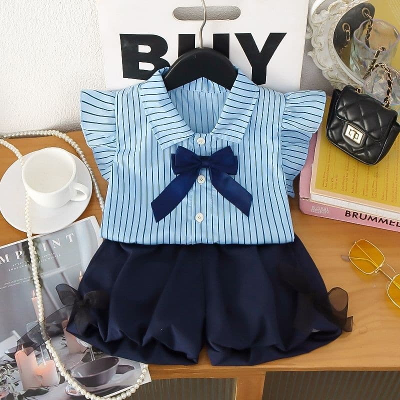 Girls' Bloom Shorts Two-Piece Set Summer New Style Little Girl Fashionable Short-Sleeve Shirt Top Thin Children's Wear Trendy
