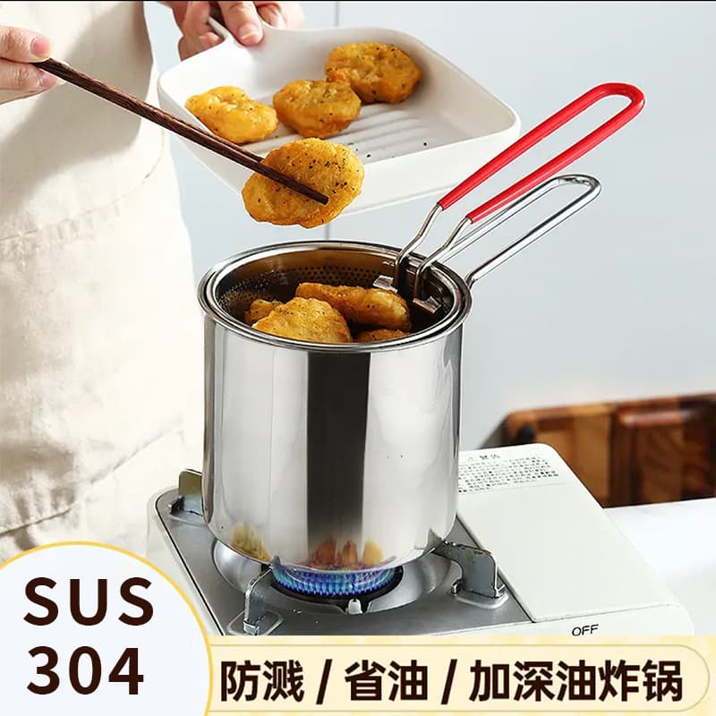304 Stainless Steel Multi-function Fryer Household Tempura Fryer Kitchen Fuel-efficient Mini Small Fryer with Strainer
