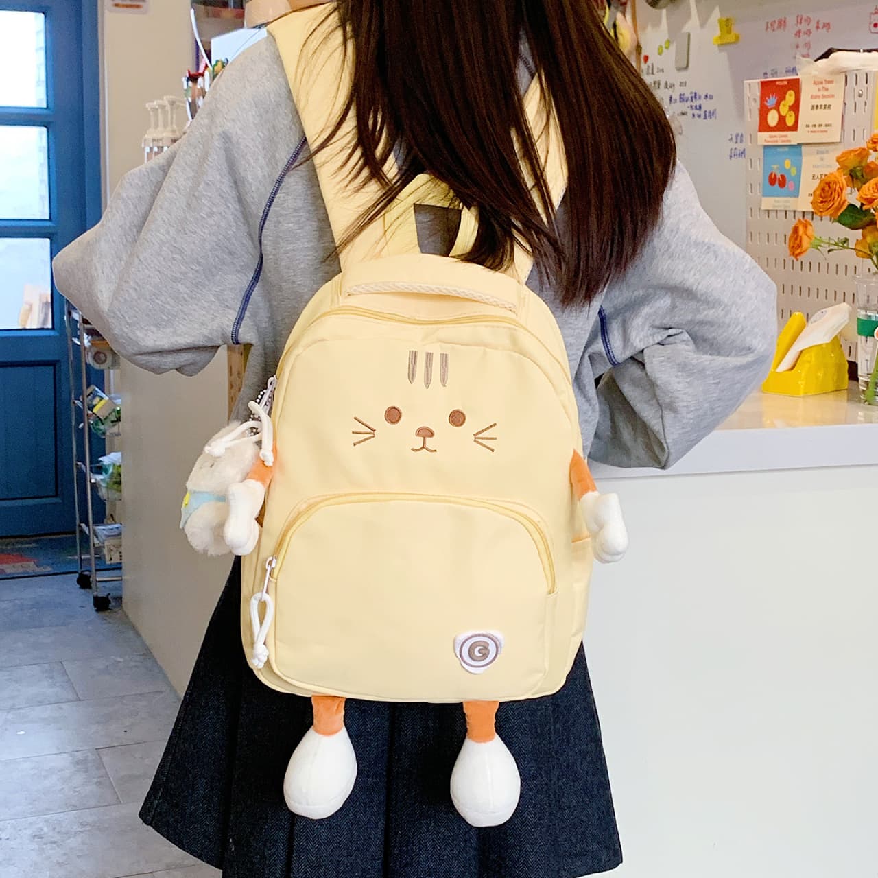 Cute Cartoon Cat Backpack for Female Students, Large Capacity Plush Doll Backpack, Girly College Style