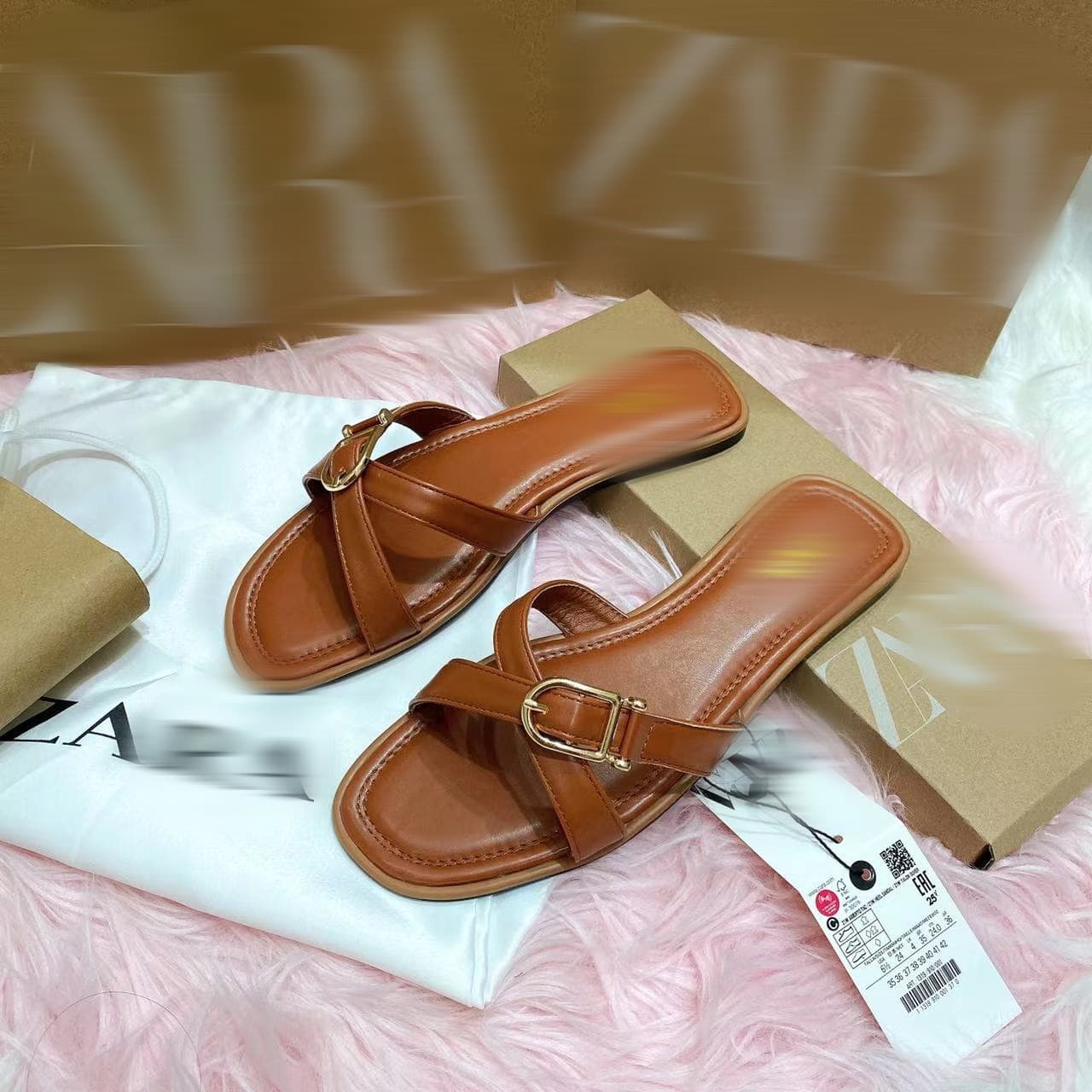 ZA Brand Cross-border Export European and American Large Size Shoes Ring Buckle Women's Shoes Solid Color Simple Versatile Outdoor Slippers