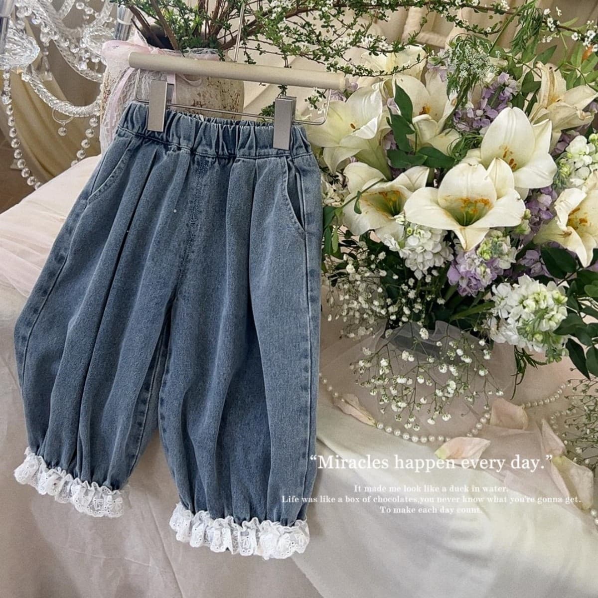 Girls Korean-style Denim Pants 2026 Spring Lace Lantern Pants Baby Fashionable Denim Long Pants