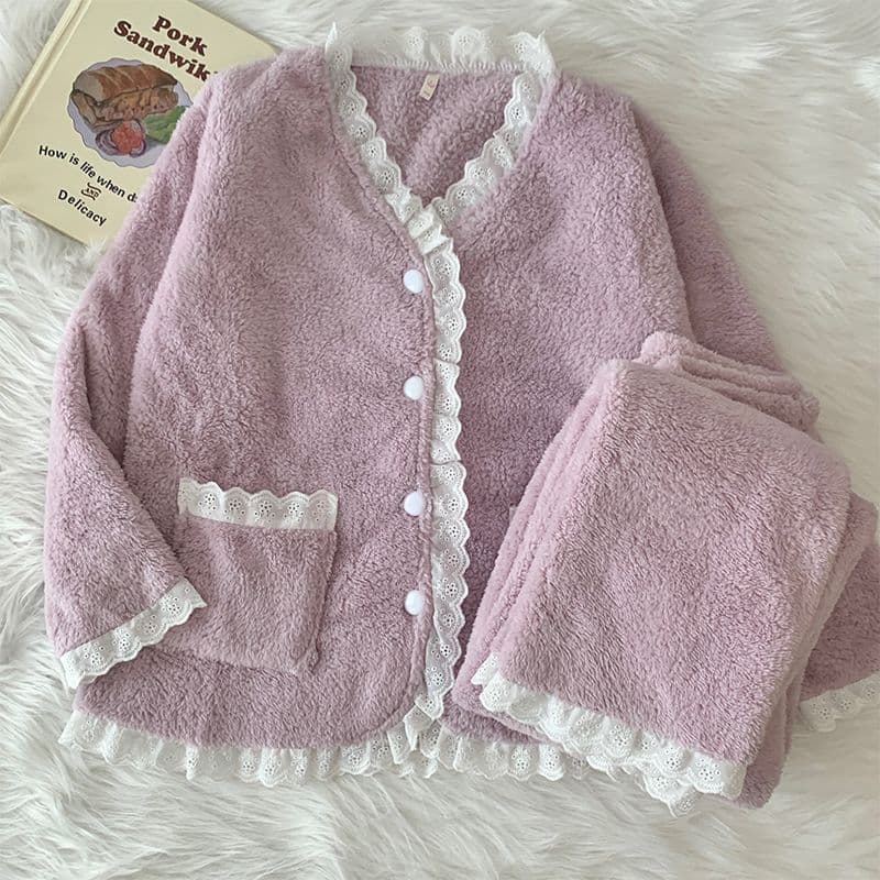 Coral Fleece Pajamas for Women Autumn/Winter Korean Style Small Fragrance Lace Trim Long Sleeve Set Thick Warm Homewear Wearable Outdoors