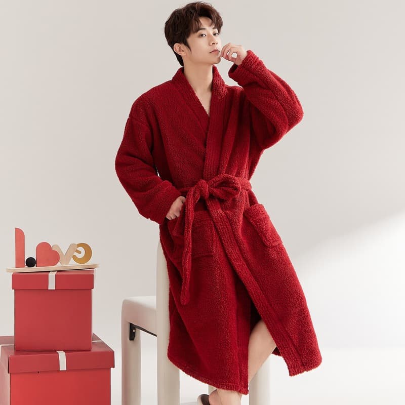 Men's Flannel Bathrobe for Winter, Red Zodiac Year, Thick Coral Fleece Long Robe