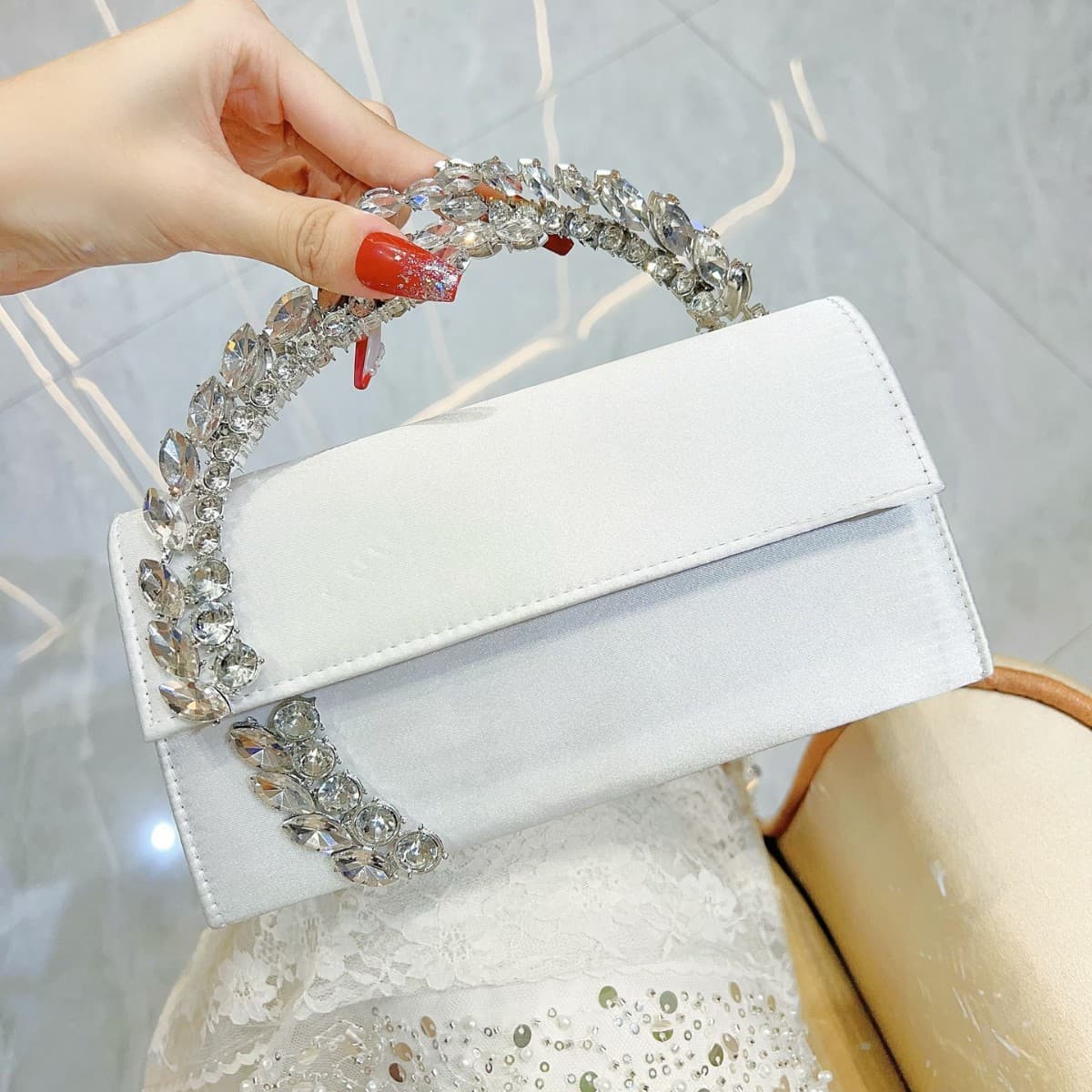 New Cross-Border Evening Bag Crystal Sequin Satin Handbag Tote Bag Diamond-Embellished Women's Shoulder Bag Premium