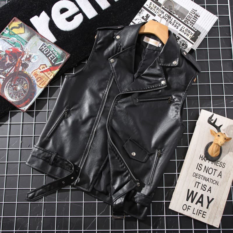 Men's Punk Style Short Sleeveless Jacket Waist Belted Jacket Spring Autumn New Style Motorcycle Style PU Leather Vest