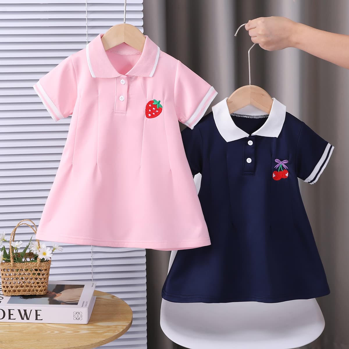 Girls Summer Polo Dress, Strawberry Cherry Embroidery Short Sleeve, A-Line Dress for 1-5 Year Old, School Uniform Style, Wholesale