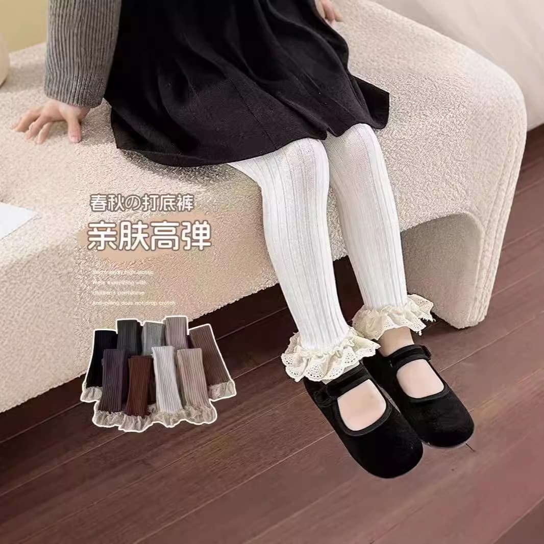 2024 Autumn/Winter New Spring/Autumn Lolita Lace Cropped Pants Girls Wide Vertical Stripe Solid Color Children's Leggings Kids