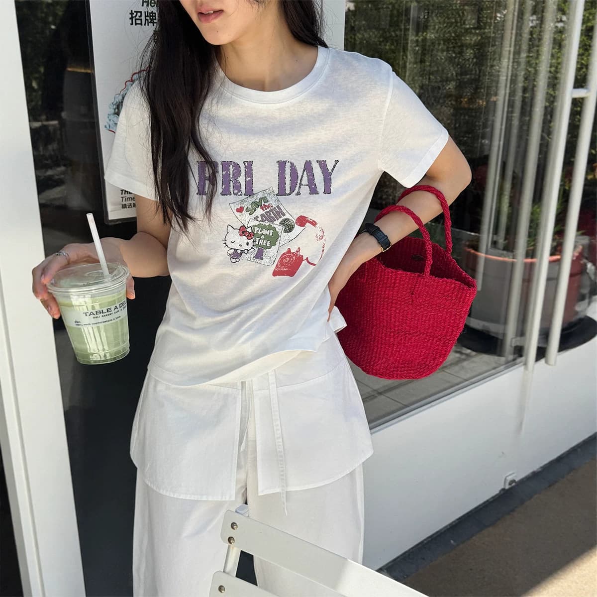 Shijian [Old Convenience Store] Old Retro Letter Print Cartoon Pattern Short Sleeve T-Shirt Women's Top 31325