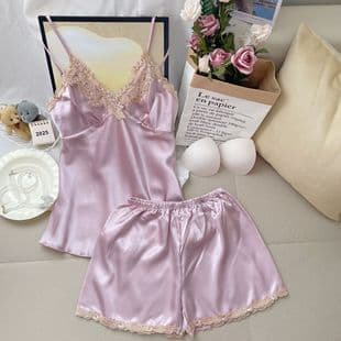 Women's Summer Silk Sleepwear Two-Piece Set: Camisole with Built-in Pads, Lace Shorts, Thin Nightgown, Silky Sexy Pajama Set