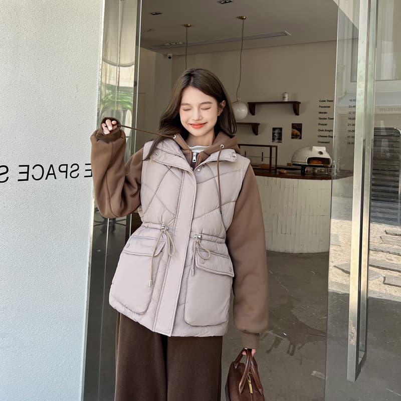 European station 2024 winter Korean style vest hooded fake two-piece down cotton jacket waist coat for women and fashionable girls