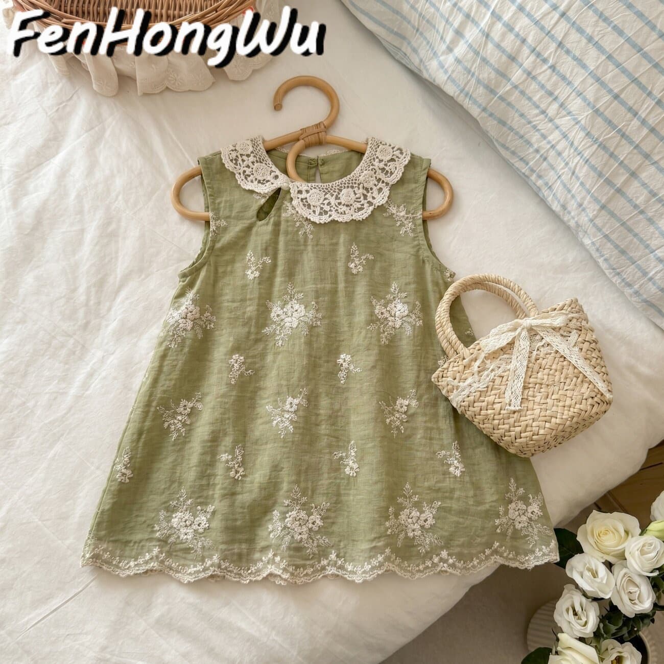 Pink House gentle style green embroidered flower dress women's sleeveless lace collar small fake two-piece vest dress