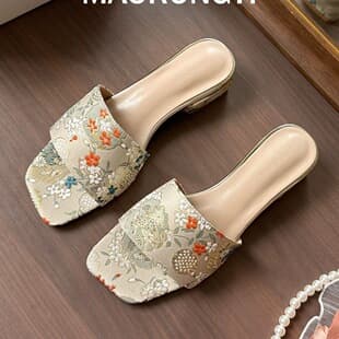 Chunky Heel Slippers for Women Summer Outdoor Fashion One-Band Sandals Summer New Chinese Style National Trend Shoes Apricot Color