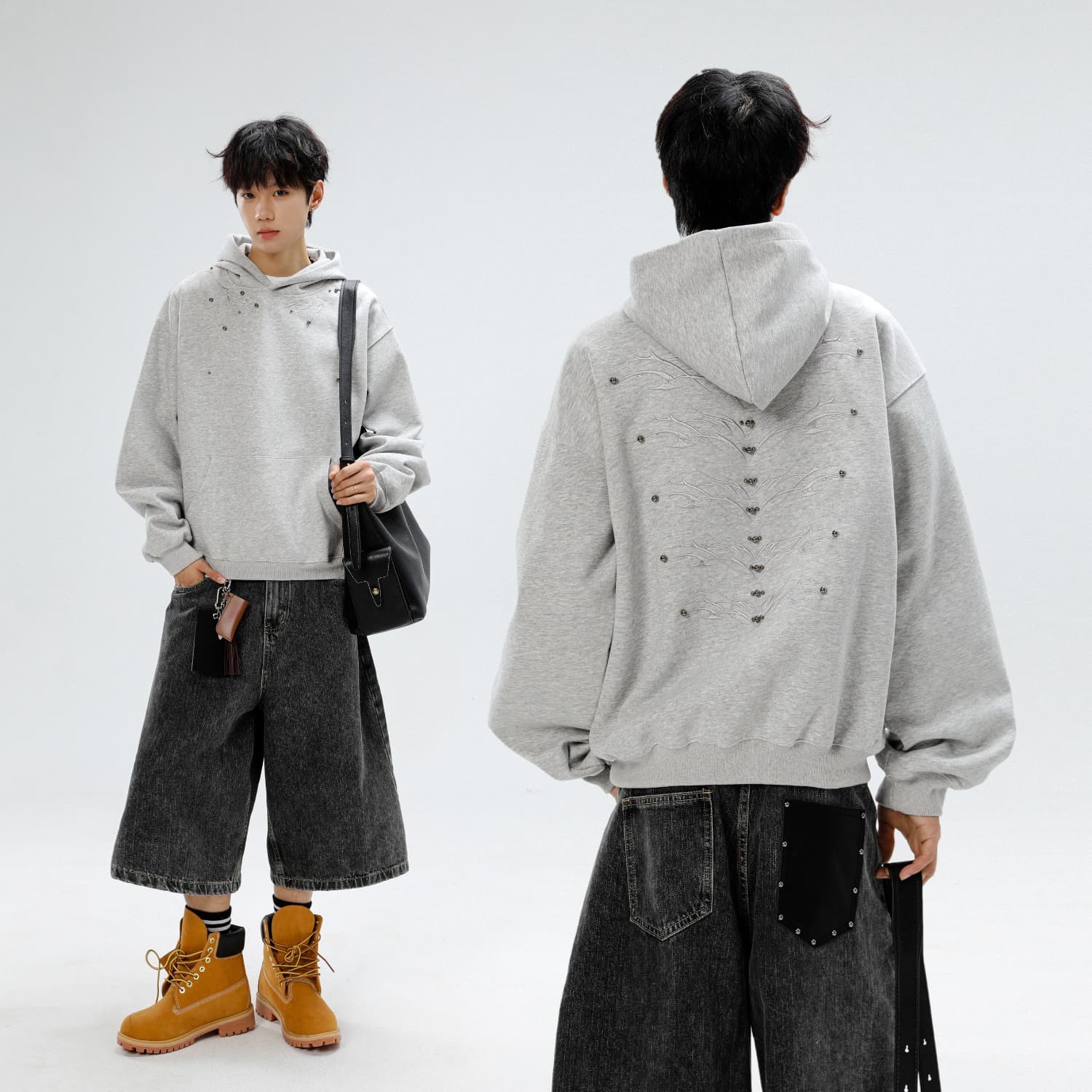 American retro spine niche metal rivet hooded sweatshirt for men aged spring and autumn casual snowflake gray couple tops