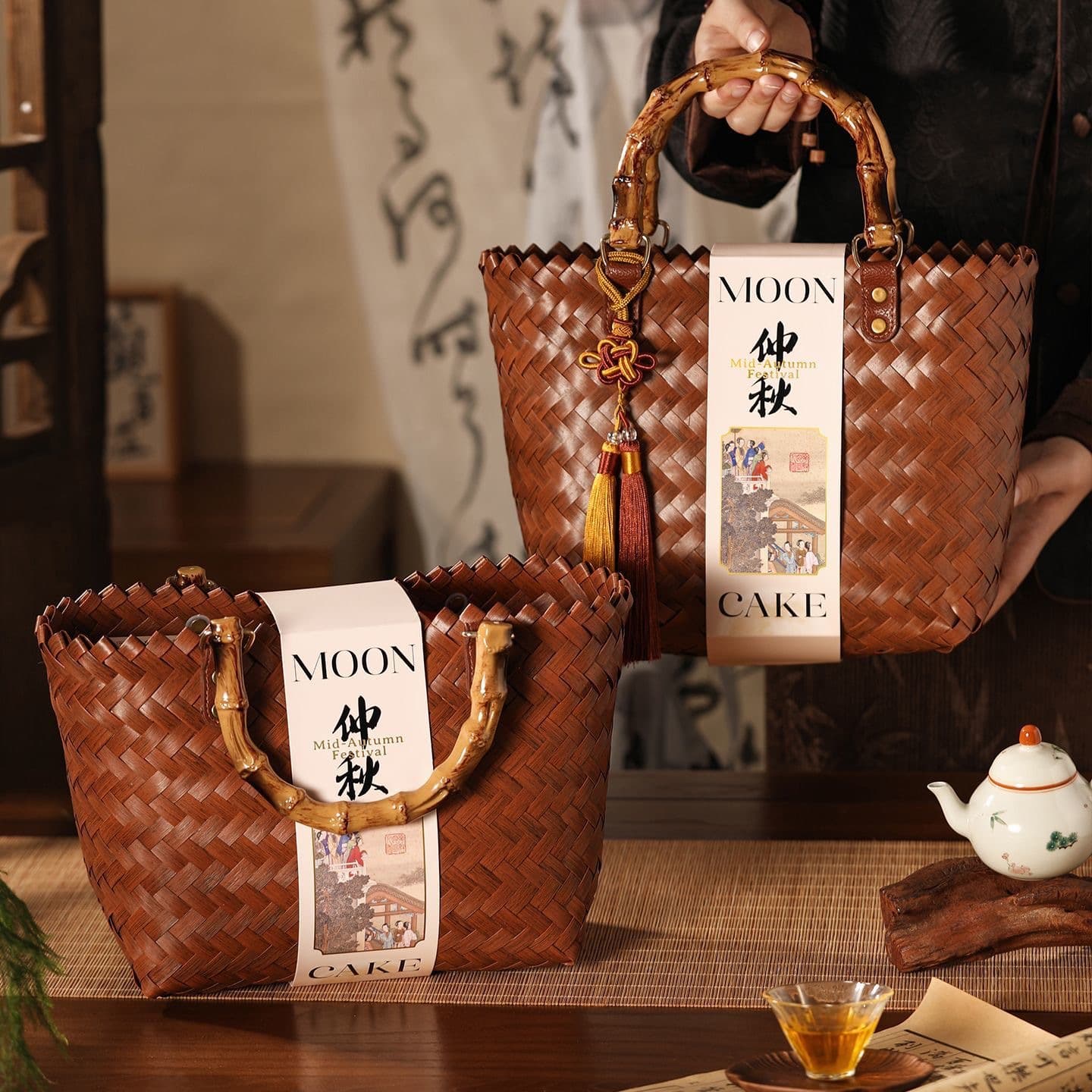 New Chinese Style Mid-Autumn Festival Gift Bags Store Opening Holiday Gift Box Woven Joy Basket