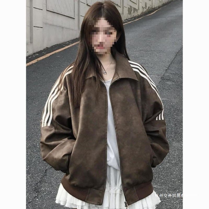 American retro stripe design leather jacket top autumn new loose versatile lapel coat for women