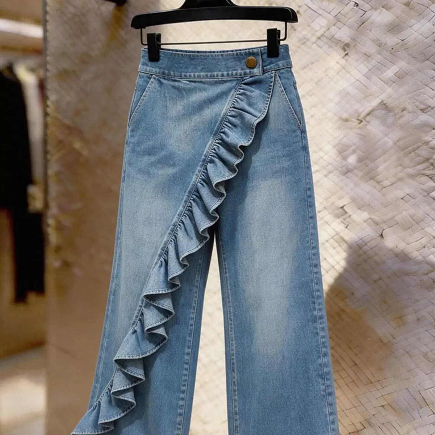 Women's Vintage Casual Pants, Irregular Mid-Rise Imitation Denim Long Pants