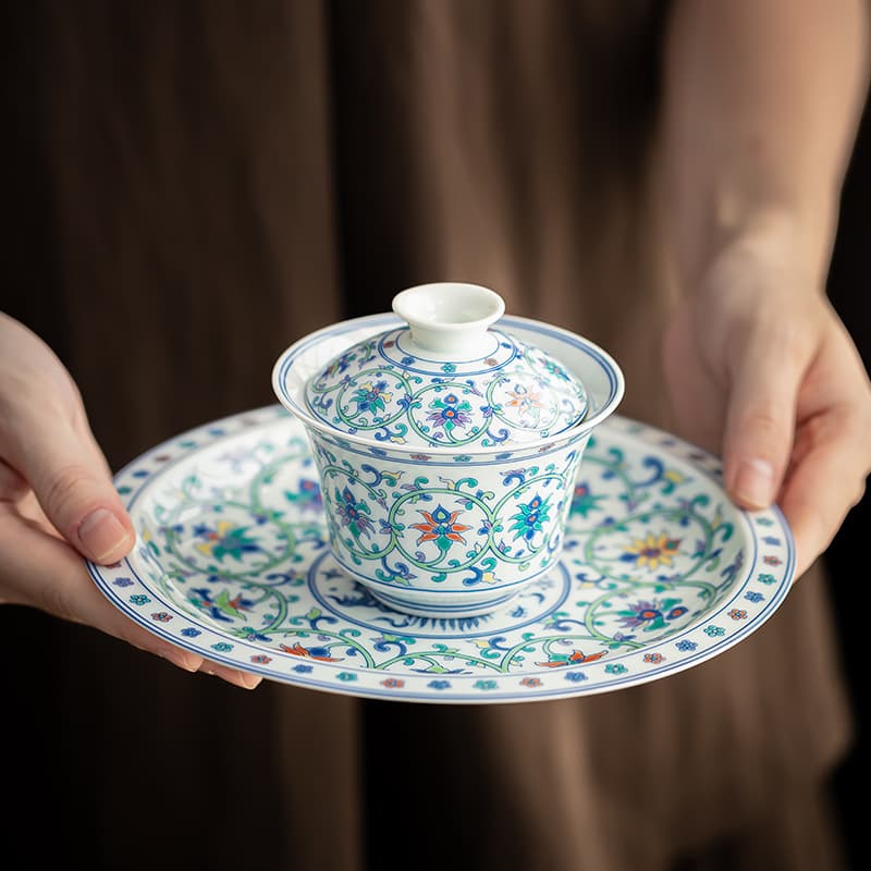 Doucai Interlocking Lotus Three-Tier Covered Bowl Tea Set, Vintage Chinese Tea Brewing Bowl with Hovering Enamel, Doucai Covered Bowl