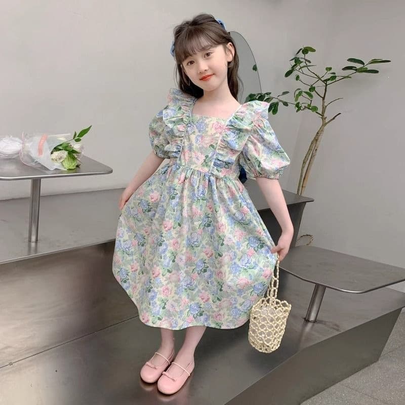 Wholesale New Floral Dress for Girls, Tie-waist Children's Dress, Korean-style Short-sleeve Princess Dress for Older Kids