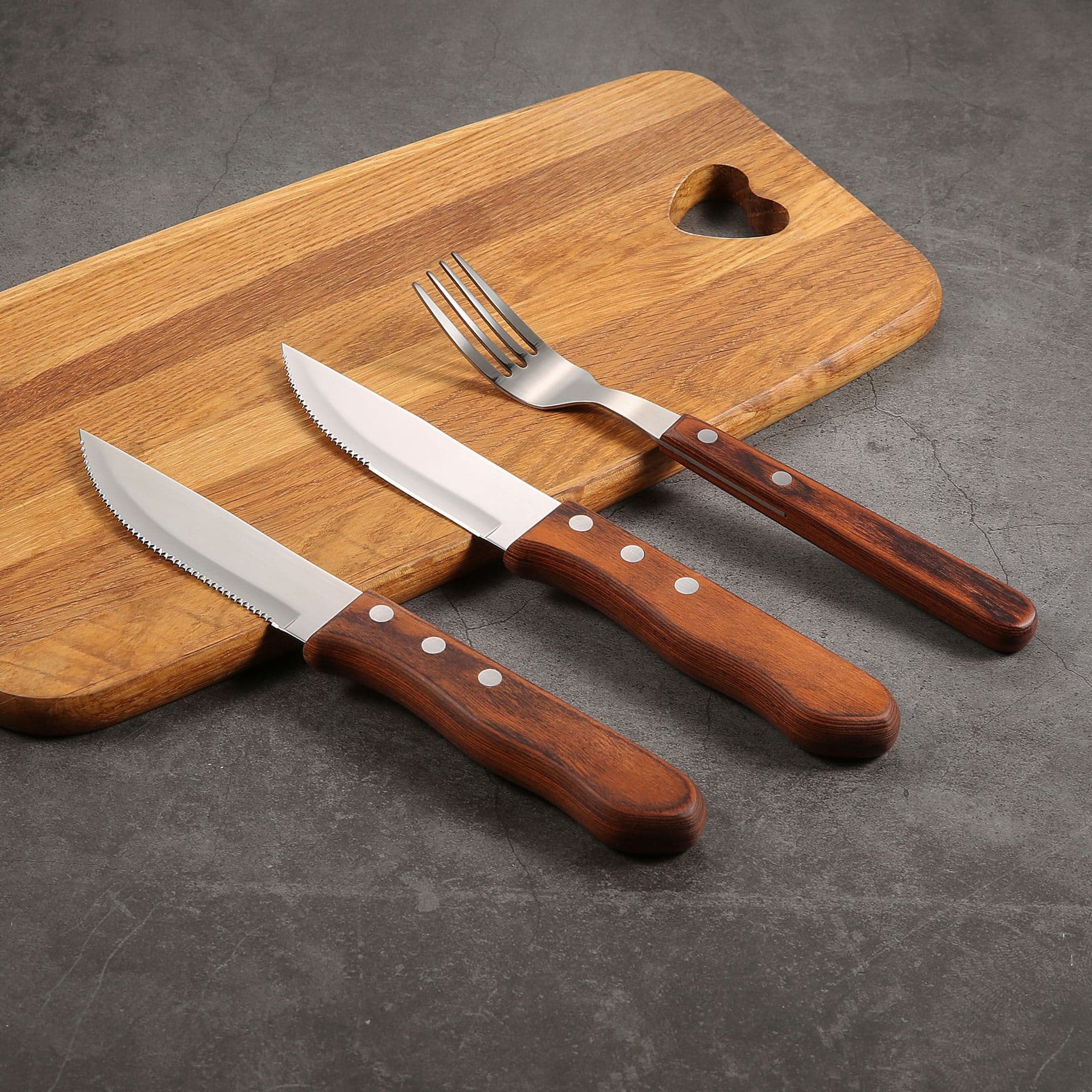 Factory Direct 304 Stainless Steel Knife and Fork, Brazilian Coffee-Colored Wood Handle Steak Knife Three-Piece Set, Rust-Proof and Durable