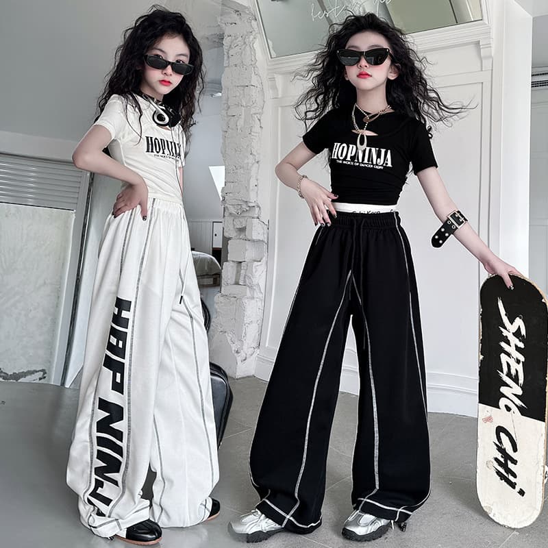 Summer Kids Hip Hop Dance Outfit for Girls Jazz Dance Set Black Short Sleeve White Sports Pants Performance Costume Trendy