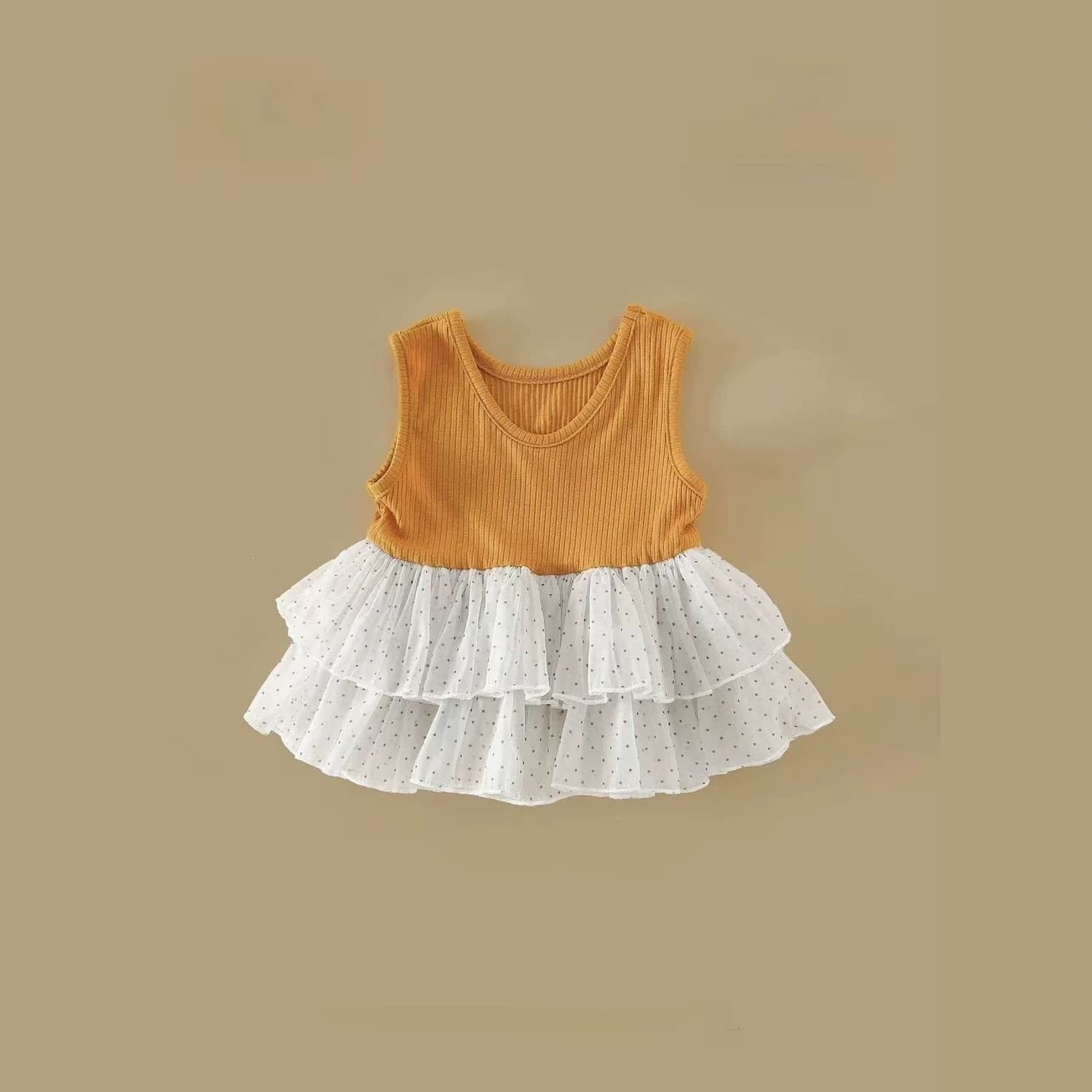 Qiqi Girls' Vest Summer Sleeveless Polka Dot Splicing Top Infant Girl Sweet Western Style Vest Other Cotton