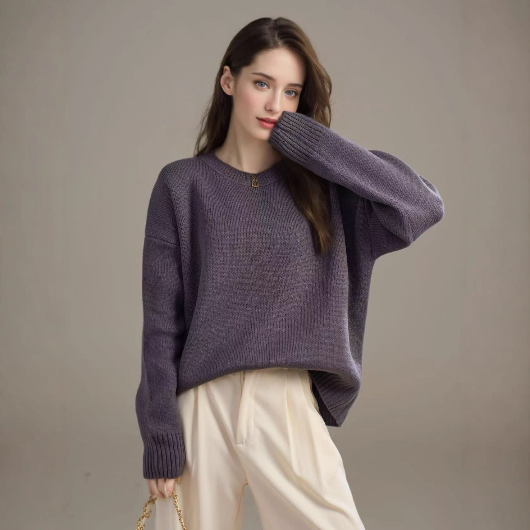 Cross-border European and American Style Knitted Sweater 2026 Autumn/Winter New Round Neck Pullover Loose Solid Color Fashionable Versatile Women's Trendy Sweater