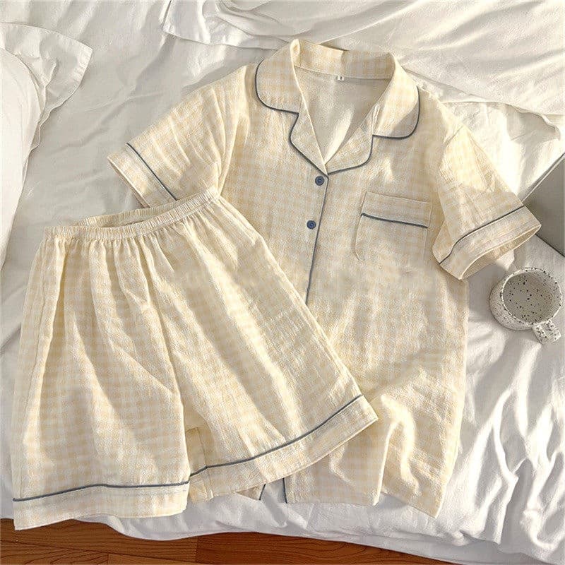 Grid-Pattern Lover!" Japanese-Style Sweet Internet Celebrity Women's Pajamas, Pure Cotton Silk Gauze Short-Sleeve Summer Thin Loungewear
