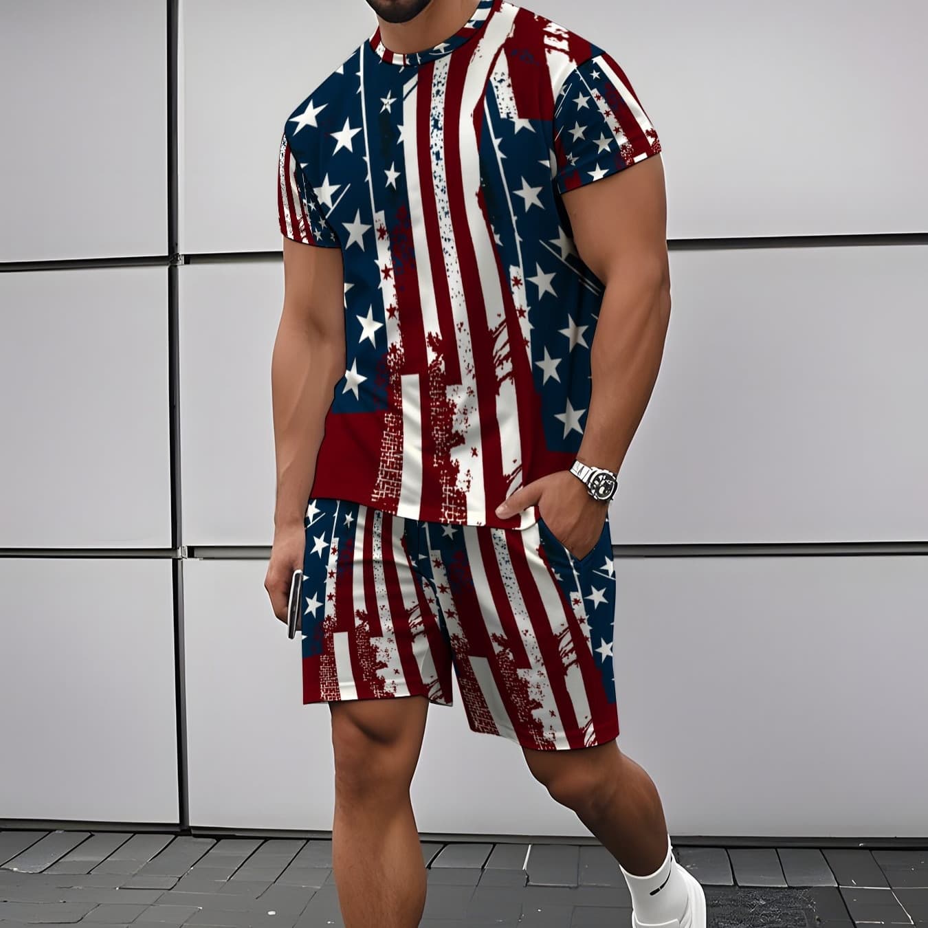 American Flag Pattern Men's Short-Sleeved Suit Casual Sportswear Summer Fashion Two-Piece Set
