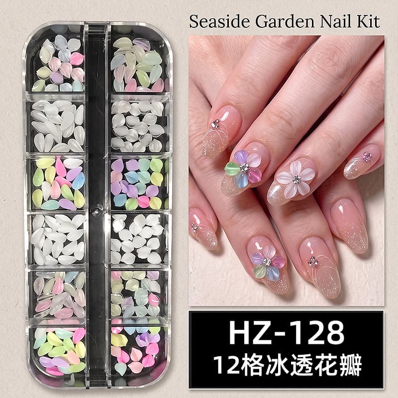 Wholesale 12-Grid Ice-Transparent 3D Spliced Petal Nail Art Ornaments Colorful Ice Crystal Five-Petal Flower Dopamine Nail Decorations