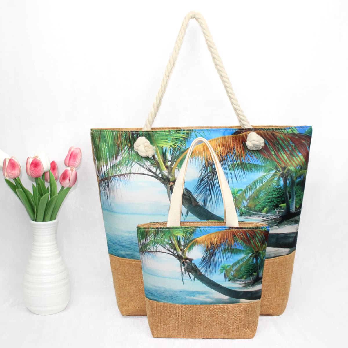 Cross-border Cotton Rope Portable Large Capacity Tote Bag Set 2pcs Beach Print DIY Figure Beach Bag