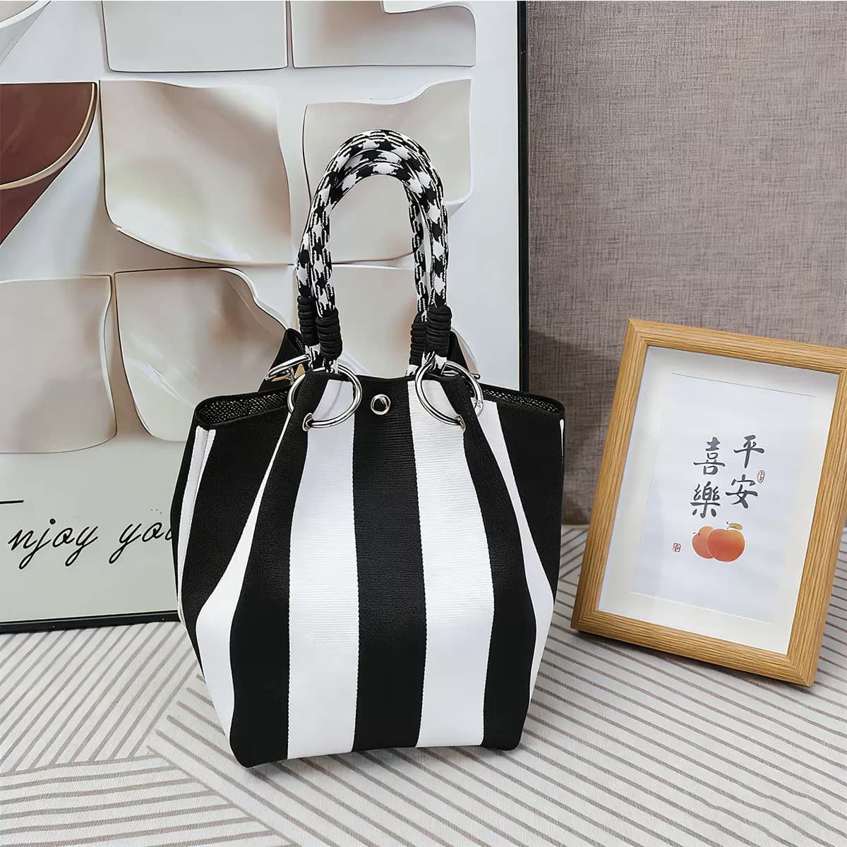 Cross-Border Two-Tone Block Handbag, Premium Feel, Trendy Small Tote, Knitted Carry Bag, Portable Storage, Large Capacity